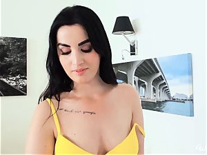 tiny lil' black-haired torn up with belt cock by taller bombshell